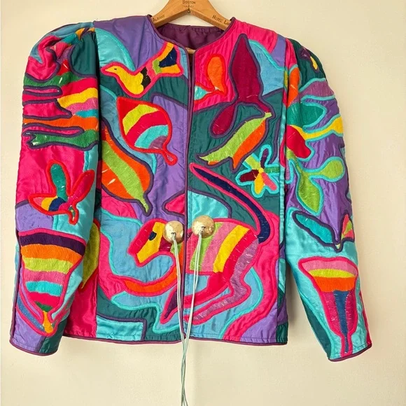 La Colección Judith Roberts Art to Wear Patchwork Multicolor Bomber Jacket Gift - Picture 16 of 16
